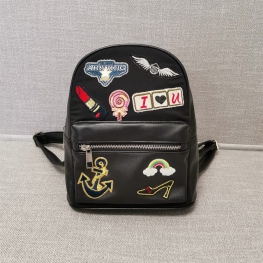 CUTE BAGS - PU & POLYESTER -BLACK EMBROIDERY DECORATION BACKPACK